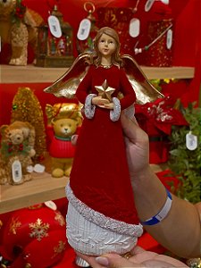 ANJO EM RESINA VELUDO VERMELHO COM ESTRELA 29CM - PRÉ VENDA 2026