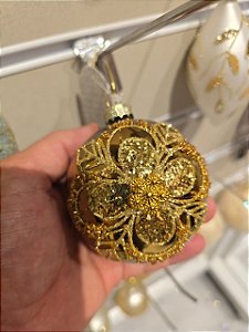 BOLA DE VIDRO DOURADA DECORADA 8CM - PRÉ VENDA 2026
