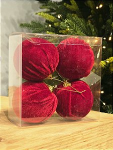 BOLA VELUDO VERMELHA 8CM COM 4 UNIDADES