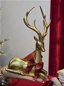 RENA DEITADA DOURADA COM LAÇO VERMELHO 22CM - PRÉ VENDA 2026