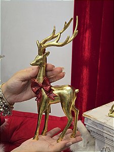 RENA EM PÉ DOURADA COM LAÇO VERMELHO 30CM - PRÉ VENDA 2026