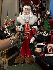 PAPAI NOEL EM RESINA COM LISTA DE NOMES E PANTUFA 38CM - PRÉ VENDA 2026