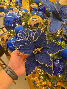 FLOR POINSETIA AZUL COM GLITER DOURADO 30CM - PRÉ VENDA 2026