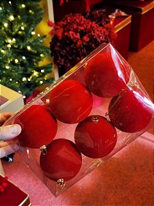 BOLA VERMELHA VELUDO FLOCADA 8CM COM 6 UNIDADES - PRÉ VENDA 2026