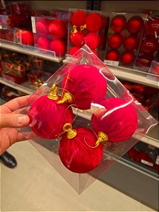 BOLA VERMELHA VELUDO 10CM COM 4 UNIDADES - PRÉ VENDA 2026