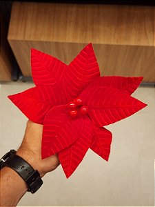 FLOR POINSETIA VERMELHA VELUDO COM BERRY 25CM - PRÉ VENDA 2026