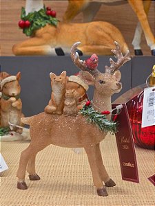 RENA EM PÉ MARROM COM ESQUILO E RAPOSA 16CM - PRÉ VENDA 2026