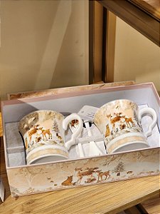 DUPLA DE CANECAS DECORADA RENAS COM COLHERES 280ML COM CAIXA DE PRESENTE - PRÉ VENDA 2026