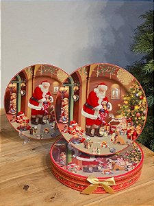 DUPLA DE PRATO 25CM DECORADO PAPAI NOEL COM CAIXA DE PRESENTE