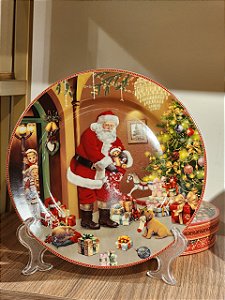DUPLA DE PRATO 25CM DECORADO PAPAI NOEL COM CAIXA DE PRESENTE - PRÉ VENDA 2026