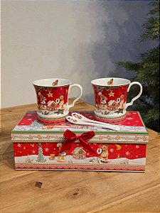 DUPLA DE CANECAS DECORADA GINGERBREAD COM COLHERES 280ML COM CAIXA DE PRESENTE
