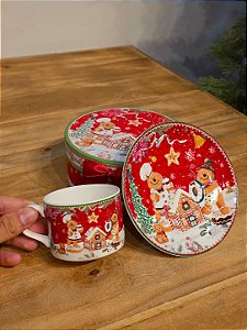 XÍCARA COM PIRES DECORADO GINGERBREAD COM CAIXA DE PRESENTE
