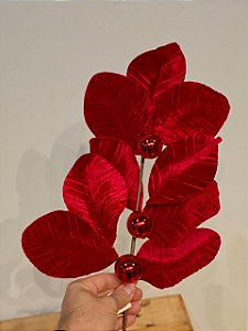 GALHO FOLHA VELUDO VERMELHO COM BOLAS 63CM
