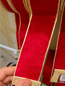 FITA ARAMADA VELUDO VERMELHA DUPLA FACE DOURADO 6,3CM - PRÉ VENDA 2026