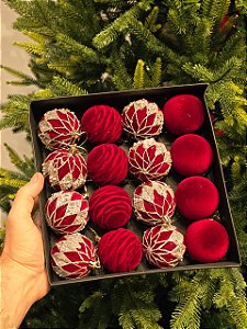 KIT BOLAS VELUDO DECORADA VERMELHA 6CM COM 16 UNIDADES
