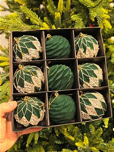 KIT BOLAS VELUDO DECORADA VERDE 8CM COM 9 UNIDADES