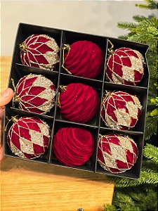 KIT BOLAS VELUDO DECORADA VERMELHA 8CM COM 9 UNIDADES