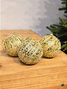 BOLA DOURADA TRABALHADA 10CM COM 3 UNIDADES