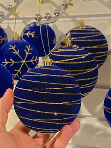 BOLA VELUDO AZUL TRABALHADA 10CM COM 3 UNIDADES - PRÉ VENDA 2026