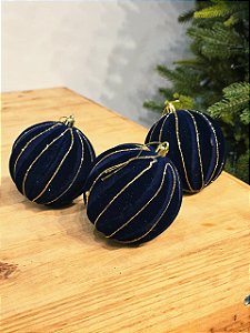 BOLA VELUDO AZUL TRABALHADA 10CM COM 3 UNIDADES