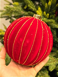 BOLA VELUDO VERMELHA LISTRAS DOURADA 15CM