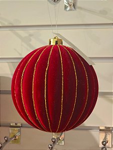 BOLA VELUDO VERMELHA LISTRAS DOURADA 15CM - PRÉ VENDA 2026