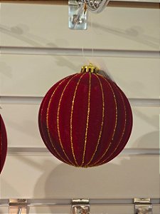 BOLA VELUDO VERMELHA LISTRAS DOURADA 12CM - PRÉ VENDA 2026