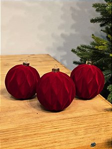 BOLA VELUDO VERMELHA FORMAS 10CM COM 3 UNIDADES