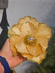 FLOR MAGNOLIA DOURADA COM GLITTER 15CM
