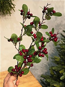GALHO DECORATIVO FOLHAS COM BERRY VERMELHO 80CM