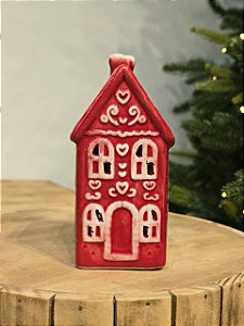 CASA EM CERÂMICA VERMELHA DECORADA COM LED 16,5CM