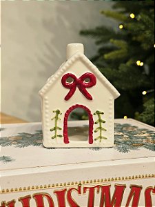 CASA CERÂMICA BRANCA DECORADA PORTA VELA 8CM