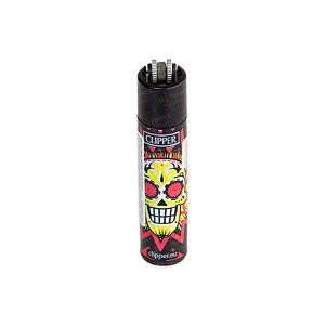 Isqueiro Clipper Grande Colorful Skulls - Amarelo Vermelho