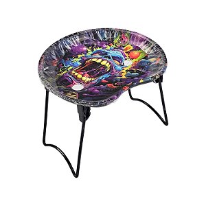 Bandeja De Metal Redonda Com Suporte Estampada - Caveira Psicodélica