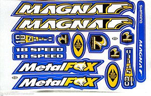 CARTELA DE ADESIVO PARA QUADRO DE BICICLETA MTB MAGNA 18 SPEED AMARELO/AZUL/BRANCO