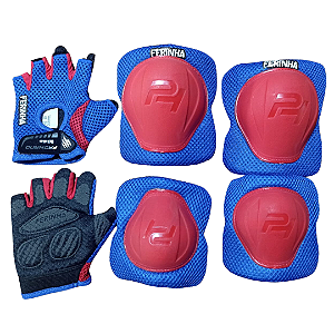 KIT PROTEÇÃO INFANTIL FERINHA LUVA COTOVELEIRA JOELHEIRA  ROYAL/VERMELHO MAX M