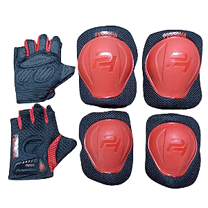 KIT PROTEÇÃO INFANTIL FERINHA LUVA COTOVELEIRA JOELHEIRA PRETO/VERMELHO MAX M