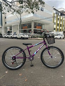 BICICLETA ARO (24) FEMININA COR VIOLETA C/MARCHA 6 VELOCIDADES FREIO V-BRAKE MARCA MILANO AUTUNM REBAIXADO COM CESTA