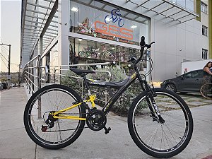 BICICLETA ARO (26) MASCULINA COR PRETO/AMARELA C/MARCHA 21V MARCA TK3 TRACK TB 100XS