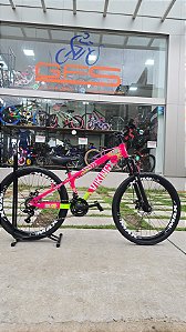 BICICLETA MTB FREERIDE ARO (26) VIKING TUFF 25 SHIMANO 21V FREIO DISC MECANICO QUADRO 13 (PP) COR ROSA/VERDE