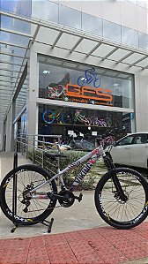 BICICLETA MTB FREERIDE ARO (26) VIKINGX TUFF 25 CAMBIO SHIMANO 21V FREIO DISC MECANICO QUADRO 13 (PP) COR PRATA/AZUL