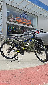 BICICLETA MTB FREERIDE ARO (26) VIKINGX TUFF 25 CAMBIO SHIMANO 21V FREIO DISC MECANICO QUADRO 13 (PP) COR PRETO/AMARELO