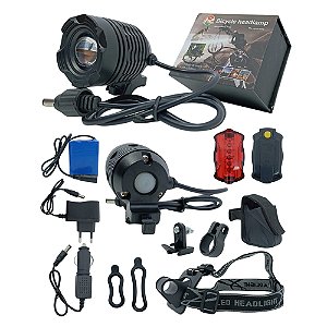 FAROL BIKE E LANTERNA DE CABEÇA 1800 LUMENS 6 BATERIAS/CÉLULAS RECARREGÁVEL