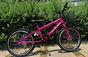BICICLETA ARO (20) FEMININA COR PINK S/ MARCHA FREIO V-BRAKE COM CESTA MILANO FAST