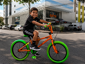 BICICLETA ARO (20) MASCULINA COR LARANJA NEON / PNEU VERDE S/ MARCHA PRO-X SERIE 5 LIMITED EDITION OVER