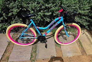 BICICLETA MTB ARO (26) FEMININA COR AZUL/ROSA C/MARCHA 18V ATHOR MUSA