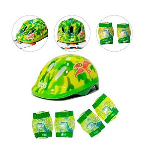CAPACETE INFANTIL VERDE ABSOLUTE DONOSSAURO TAMANHO M  + JOELHEIRA E COTOVELEIRA TAMANHO M