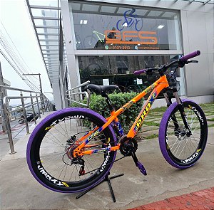 BICICLETA MTB FREERIDE ARO (26) PRO-X MANDRAKE KIT 24 VELOCIDADES FREIO DISC HIDRÁULICO COR LARANJA/ROXO
