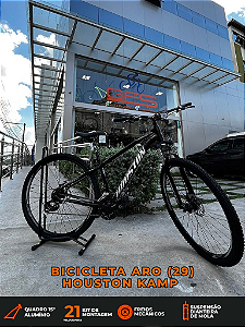 BICICLETA MTB ARO (29) HOUSTON KAMP 21 VELOCIDADES (3X7) FREIO DISC MECANICO TAMANHO 15 (P) PRETO/ BRANCO