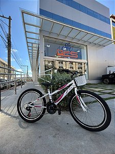 BICICLETA ARO (24) FEMININA CALOI CECI 18 VELOCIDADES FREIO V-BRAKE COM CESTA COR BRANCO/ROSA
